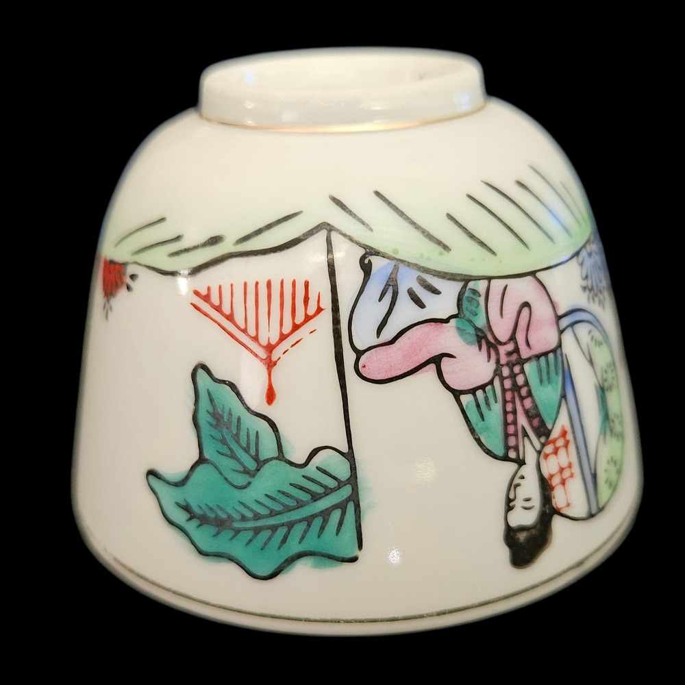 Set of 4 Vintage Asian Porcelain Rice Bowls Hand Painted Geisha & Calligraphy 3"